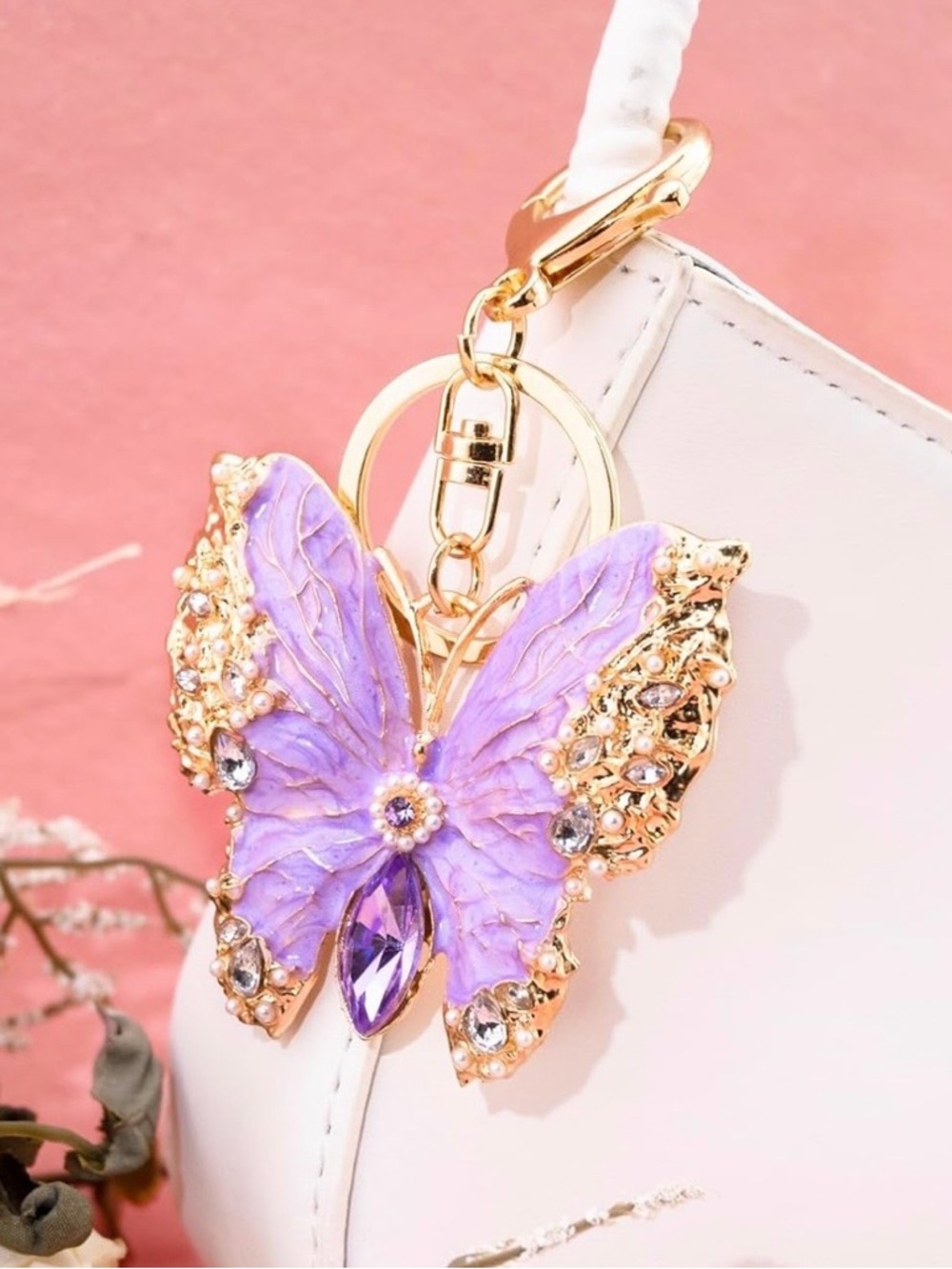 Lavender Purple Butterfly Crystal Bag Charm/Keychain with Pearls & Stones - Picture 2 of 4